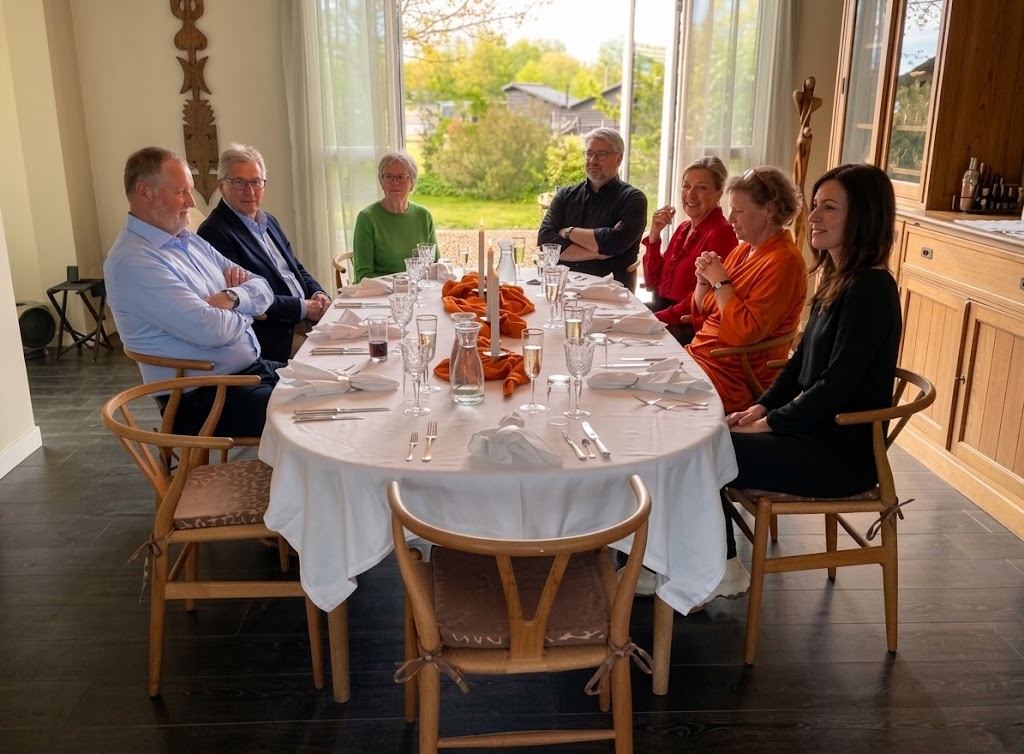Groep mensen aan een grote ronden tafel zitten klaar voor het diner